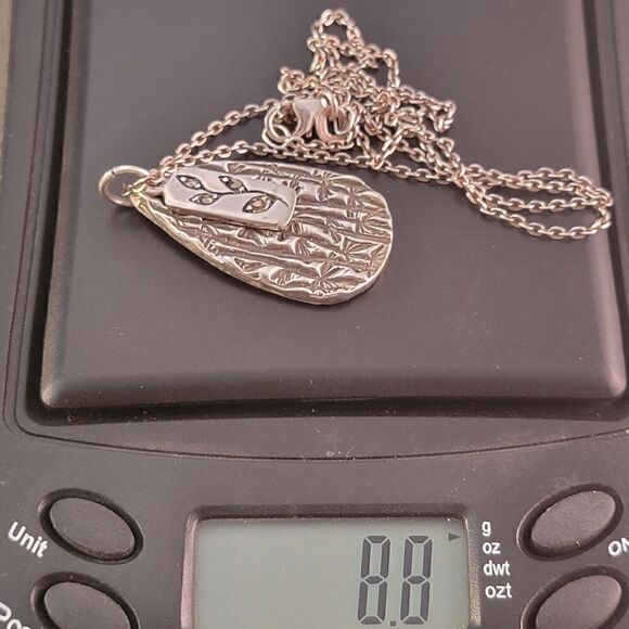 Sterling Silver Artisan Textured Tear Drop Marcasite Twig Tag Necklace - Picture 7 of 7